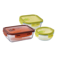 Benetton Home, Set 3Pcs Food Container (400ML Round Green LID + 800ML Square Green LID +1000ML Rectangular Brown LID, BE-0891